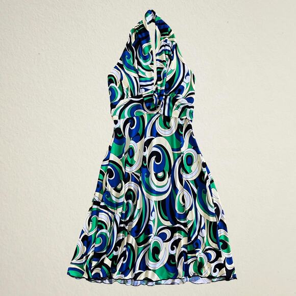 Y2K swirl print halter top dress with O ring, bohemian eclectic retro boho chic - Picture 1 of 6